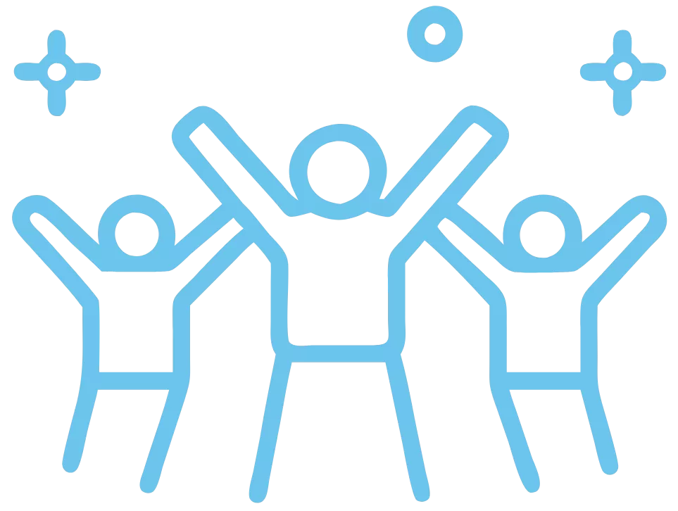 Outline of three people, jumping in the air celebrating