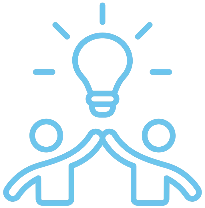 Outline of two people with one arm meeting in the air, pointing towards a llight bulb
