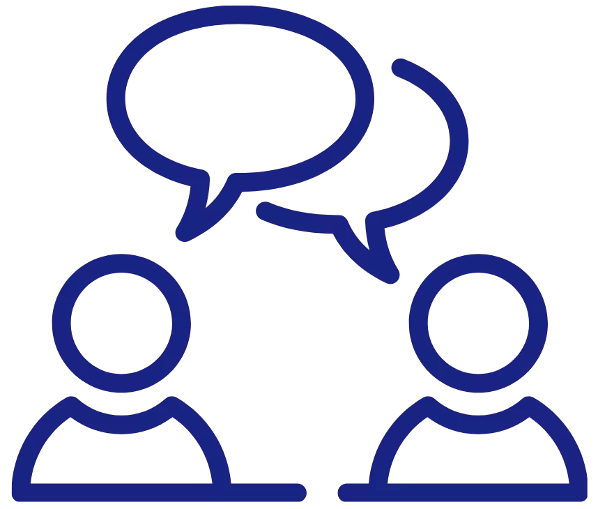 Outlines of two people with speech bubbles. They are communicating.