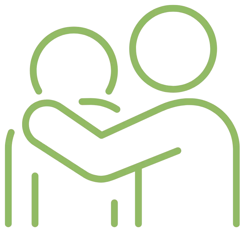 Shows two people as outlines. One person has their arm around the shoulder of the other person who feels sad.