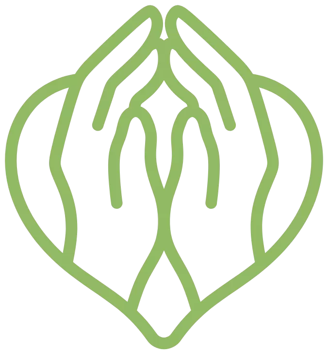 Outline of two hands grasped, with a heart in the background.