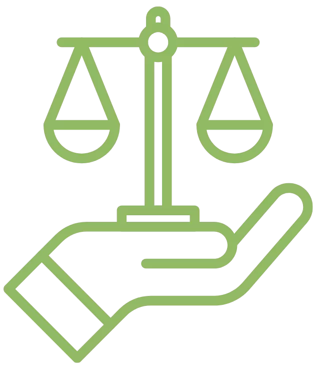 Outl;ine of an open hand holding a set of scales.