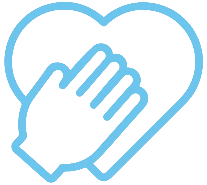 Outlined image of a blue hand on a blue heart.
